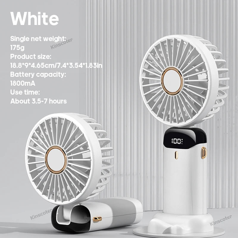 White portable fan with charging cable on a gray background