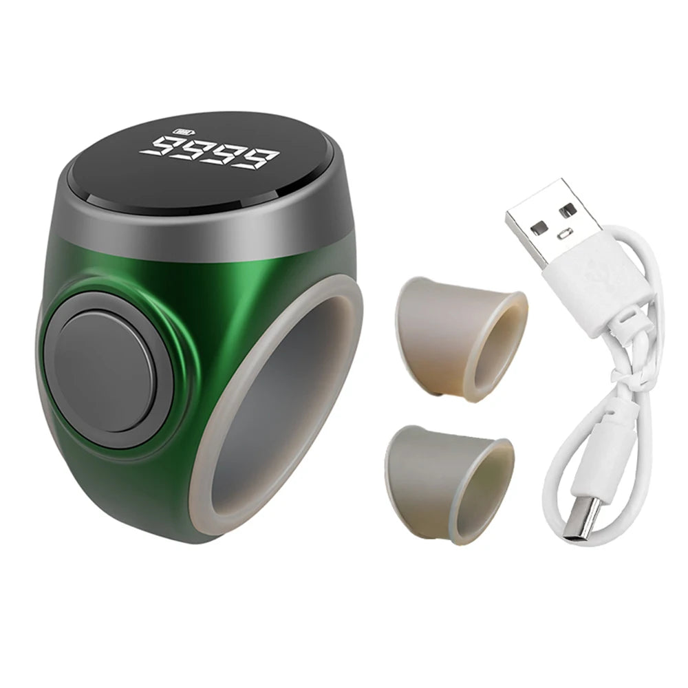 Green and gray electronic device tasbih zikr rings with two beige cups and a USB cable on a white background