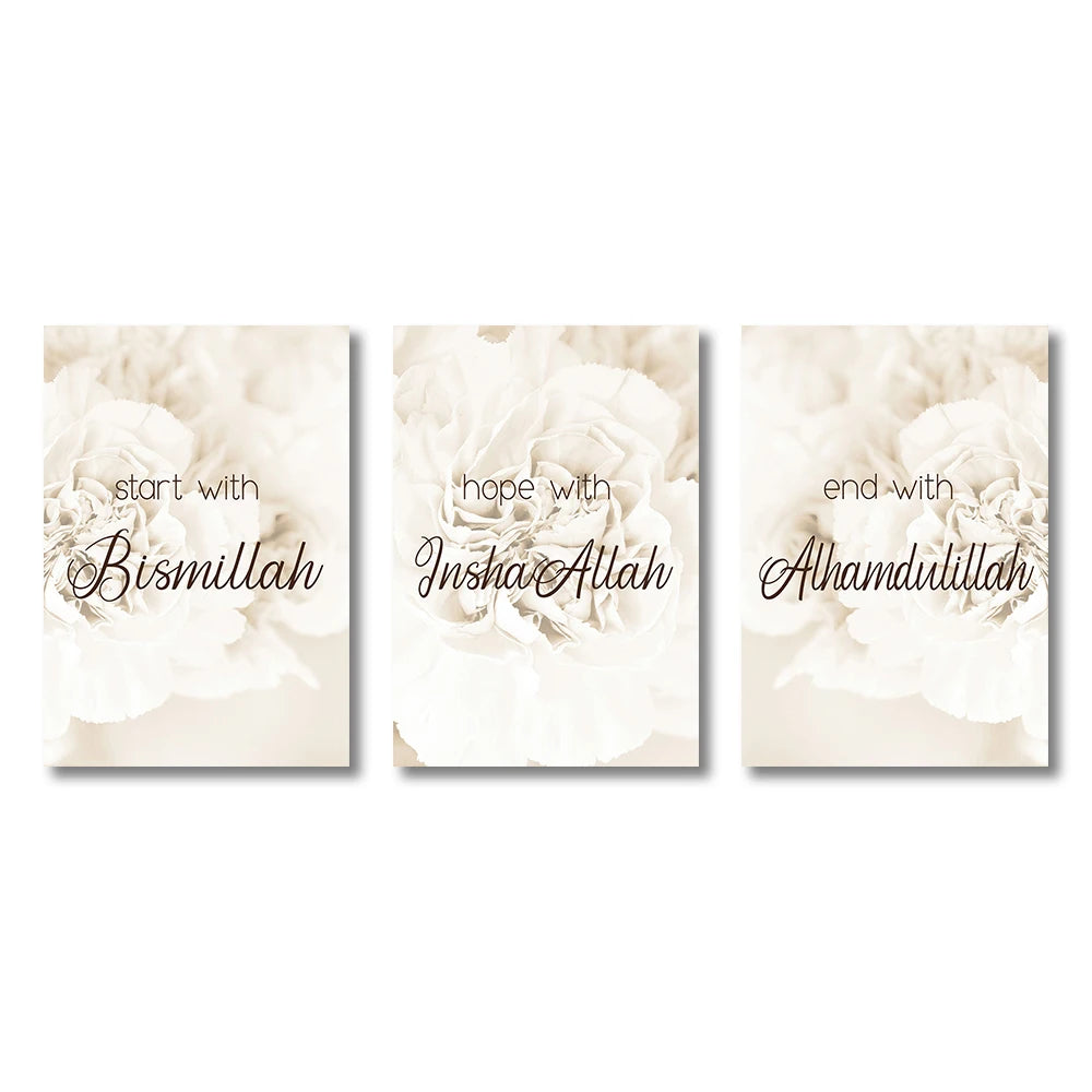Three motivational posters with floral design and Arabic phrases on a white background