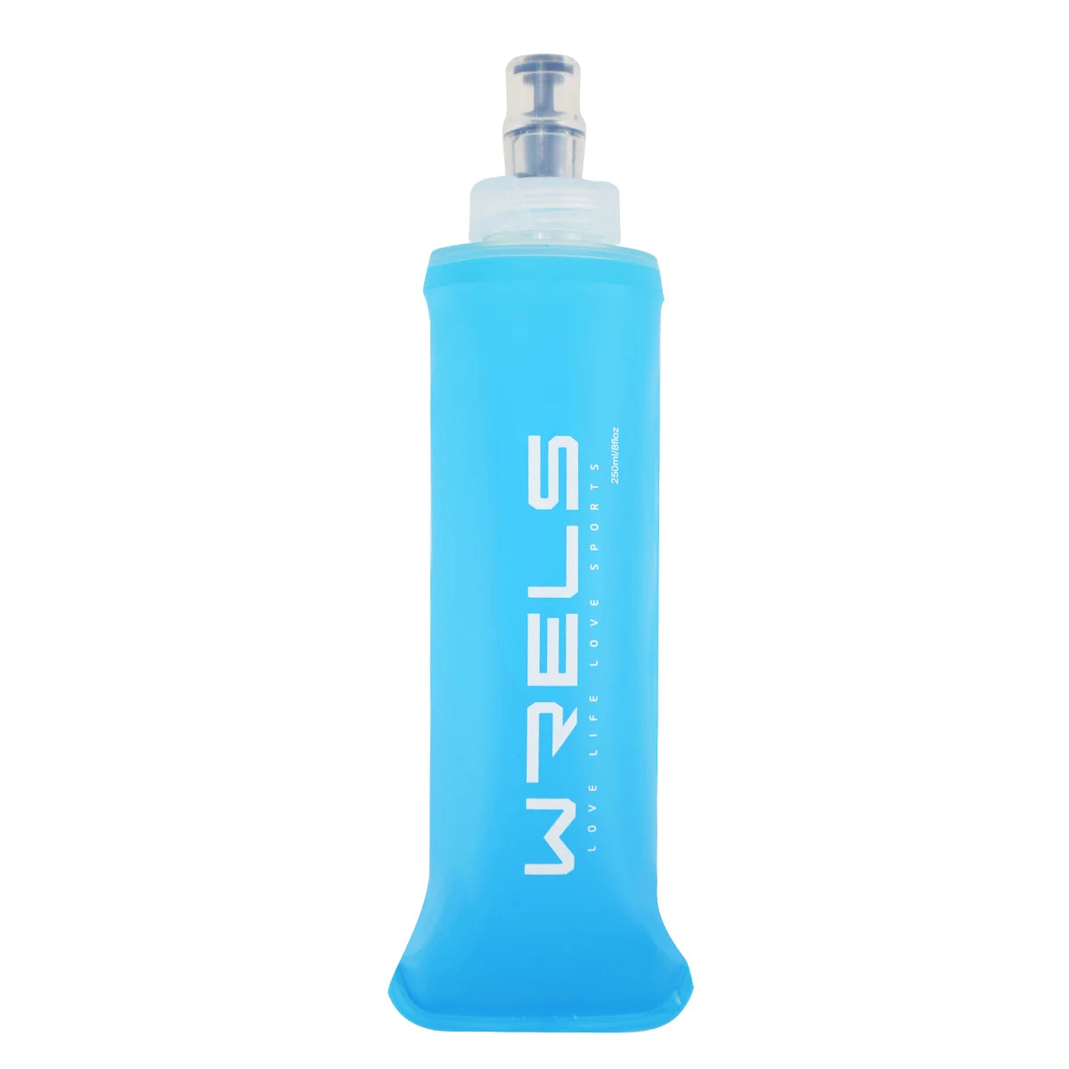 Blue flexible water bottle with WELS branding on a white background