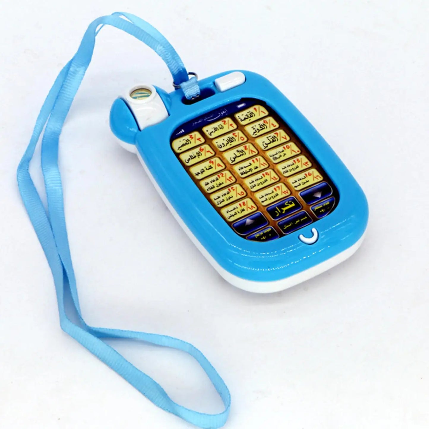 Blue electronic device with Arabic text on a white background