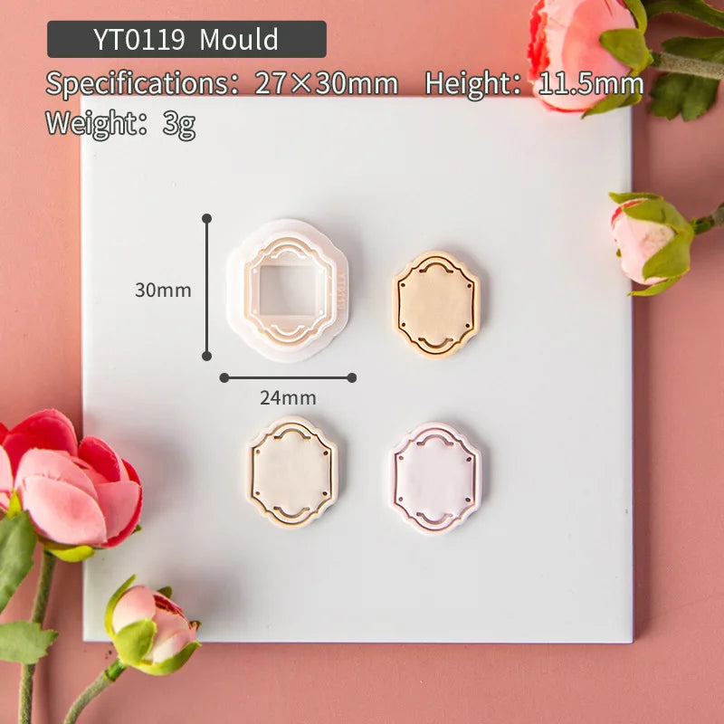 clay mold cutters on a white card with floral decorations, showing dimensions and weight.