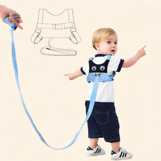 Child wearing a blue safety harness for hajj and umrah pilgrimage with a white background