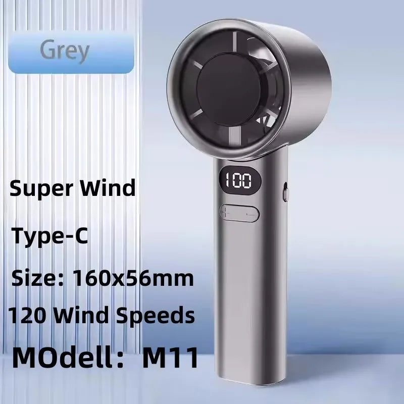 Handheld fan with specifications on a blue background