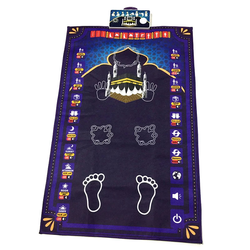 Black Colorful Educational interactive children's Islamic prayer mat with religious symbols and designs on a white background
