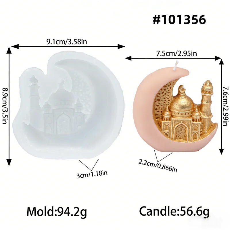 Silicone mold shaped like a moon with a Taj Mahal design, showing dimensions and weight on a white background.