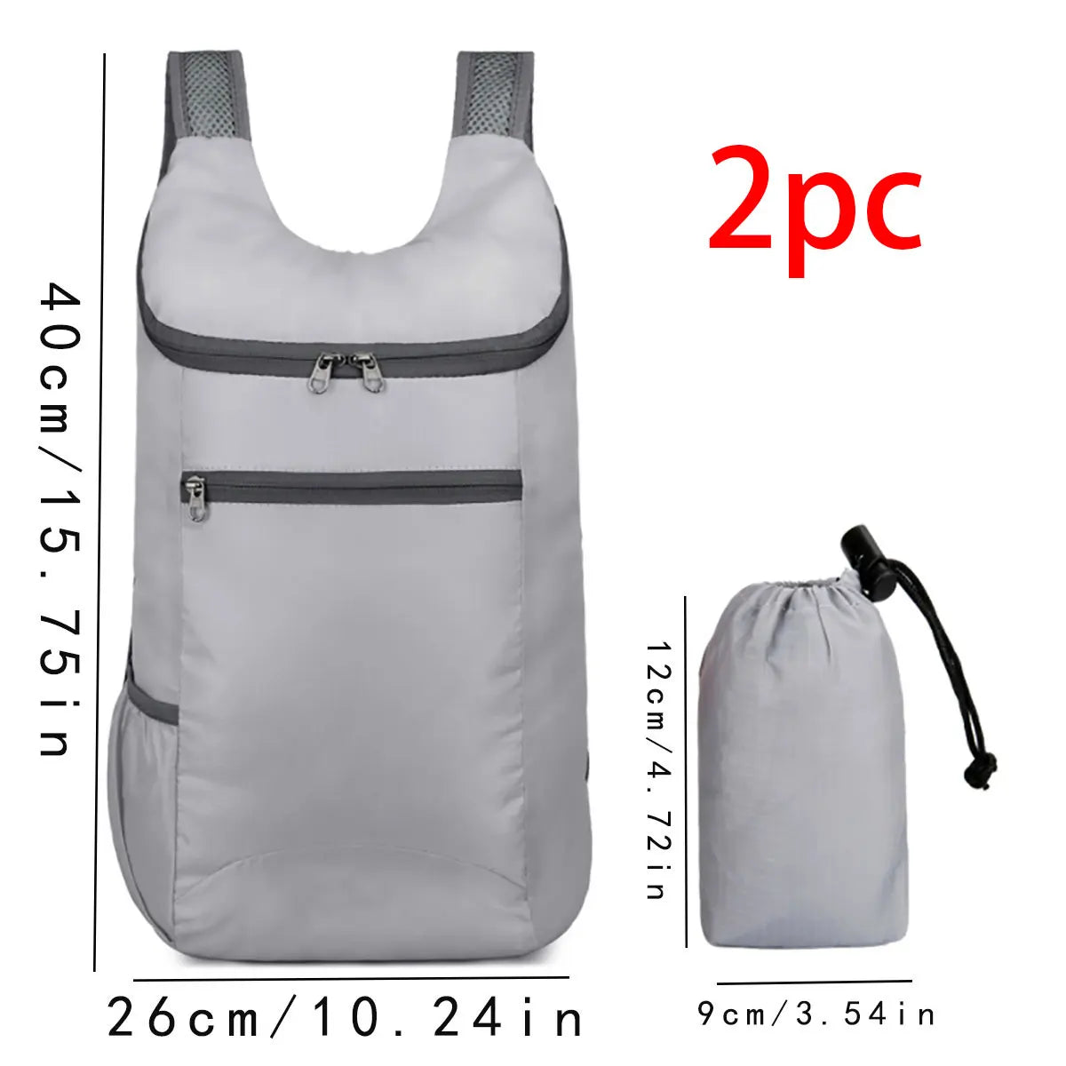 Gray backpack with measurement details and a smaller gray bag on a white background for hajj and umrah pilgrimage