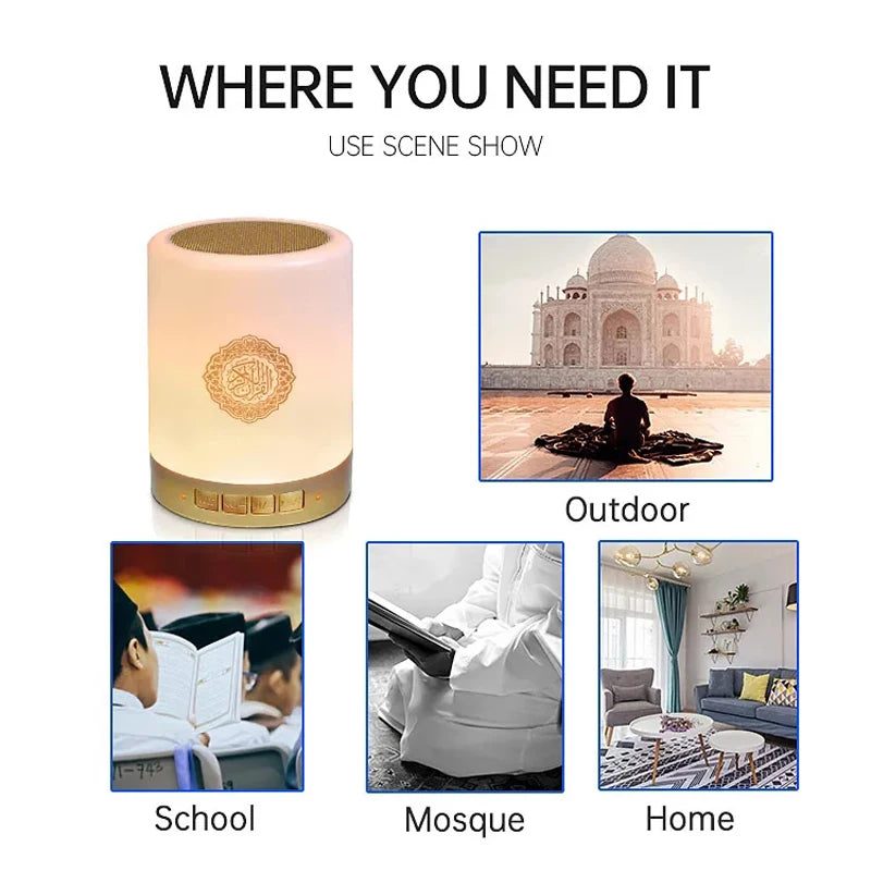 Quranic Lamp Bluetooth speaker with text indicating its versatility in different settings.