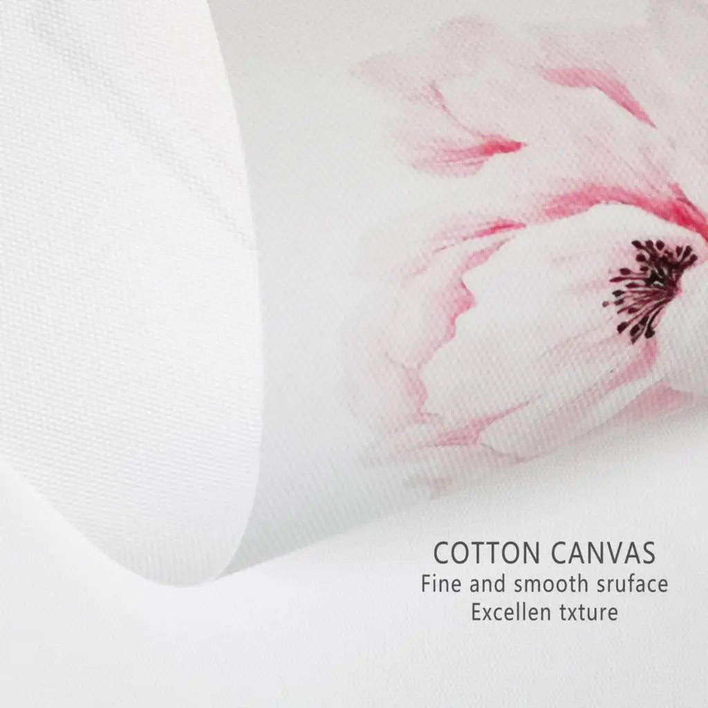 Cotton canvas with a pink flower design and text describing its texture.