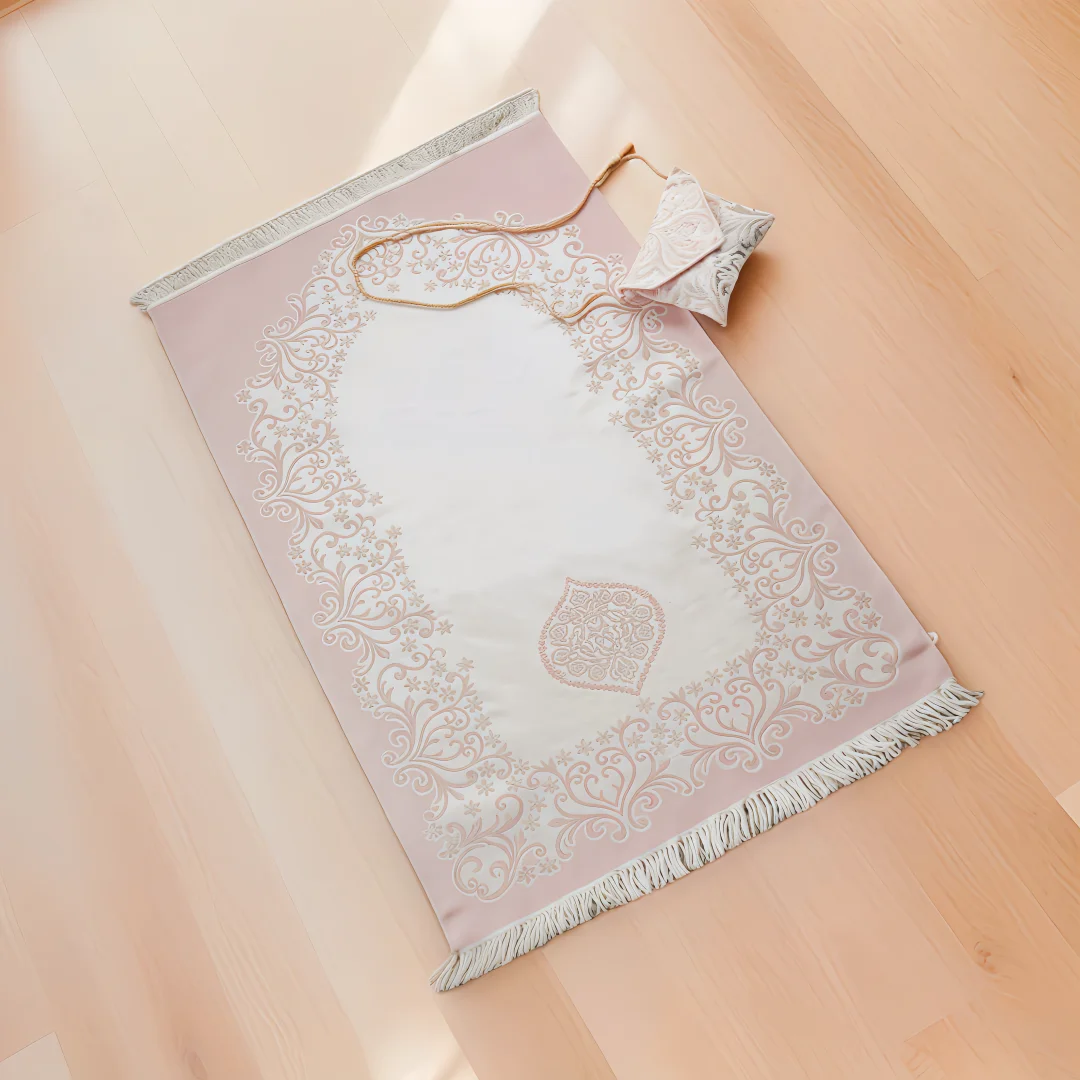 Portable Decorative Islamic pink and white lace tablecloth with intricate patterns on a wooden surface.