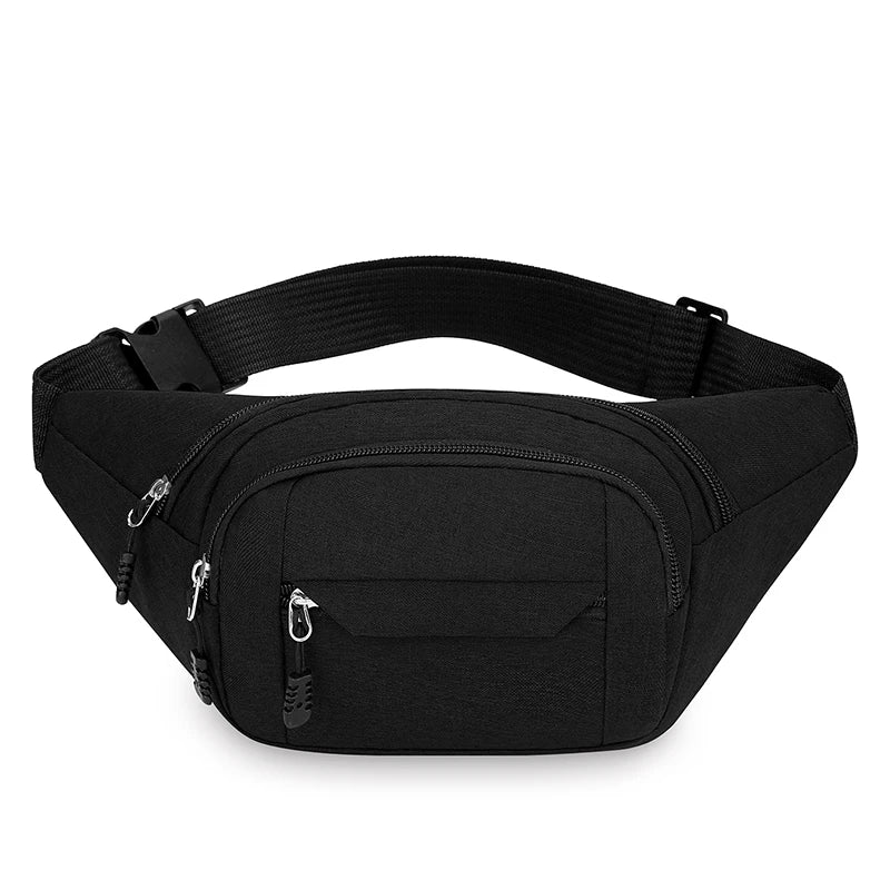 Black waist bag with multiple zippers  for hajj and umrah pilgrimage on a white background