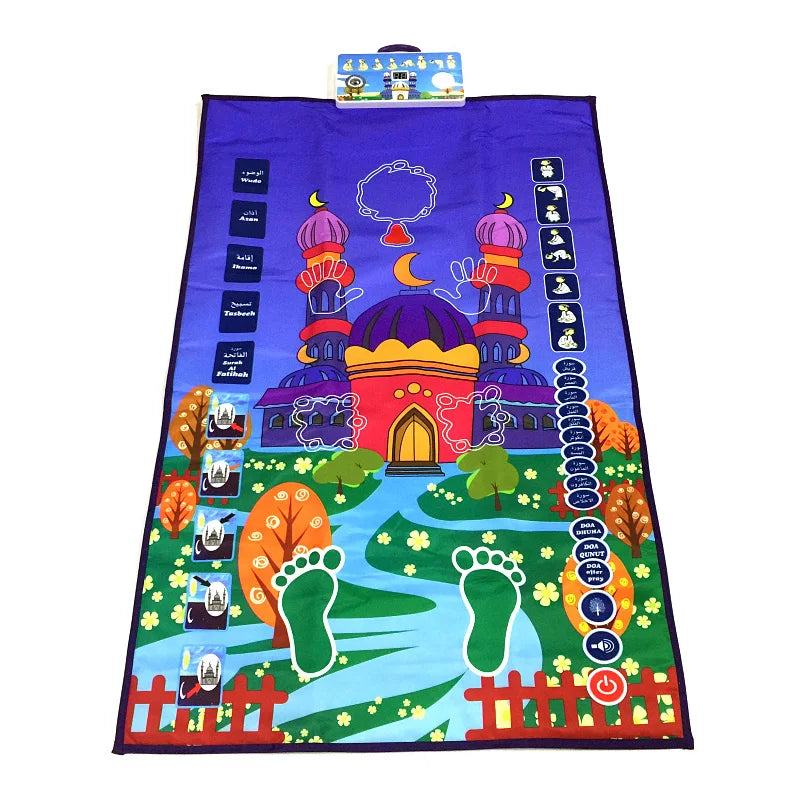 Colorful educational Islamic prayer mat with cartoon designs and icons on a white background