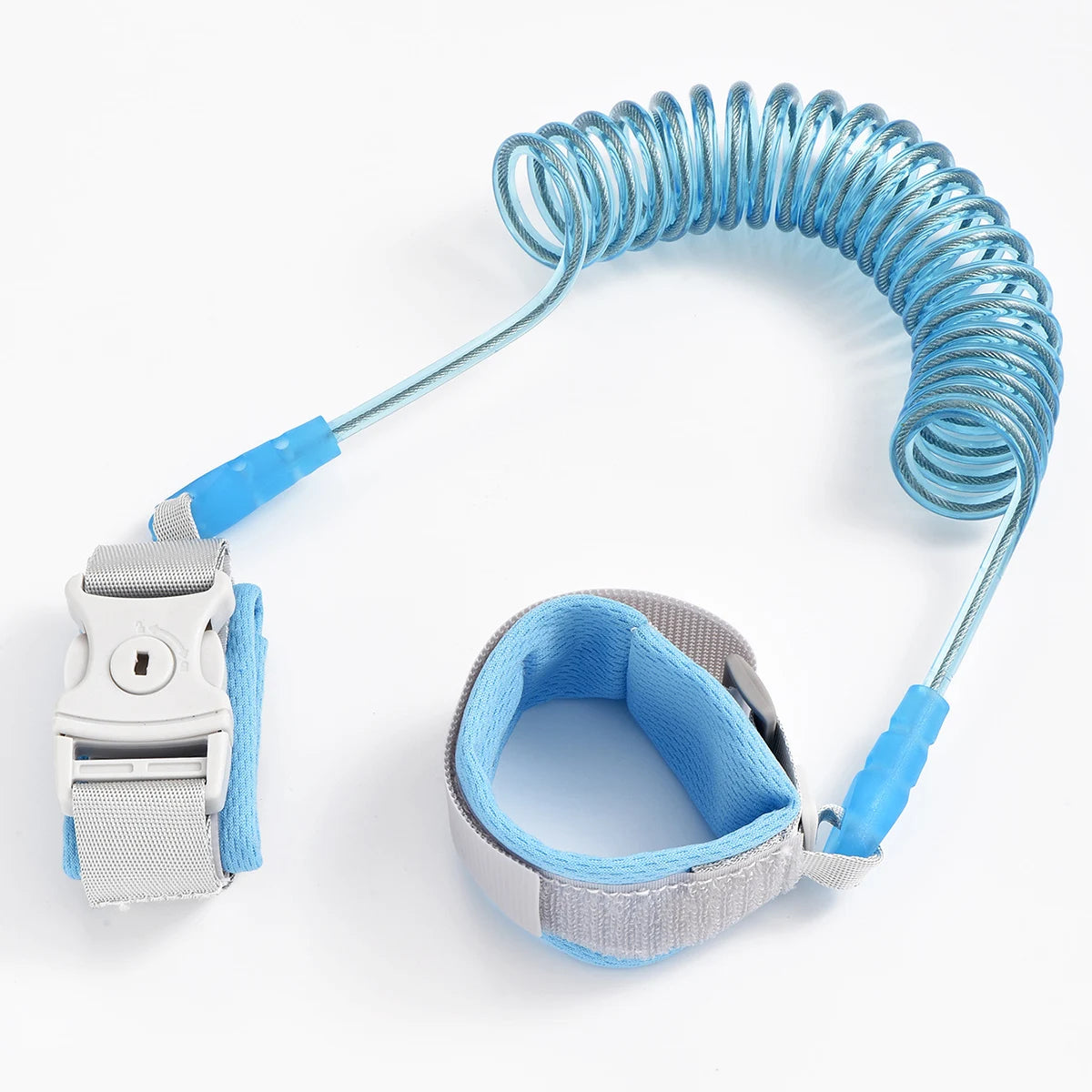 Blue and gray safety leash with a white buckle on a white background