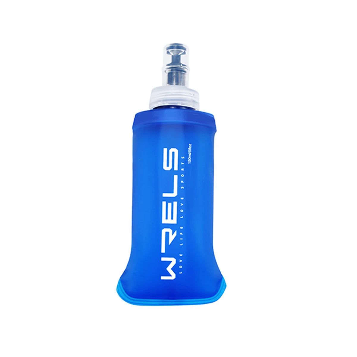 Blue flexible water bottle with white cap on a white background