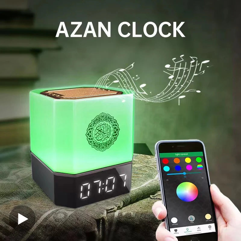 Azan clock with smartphone app control on a blurred background