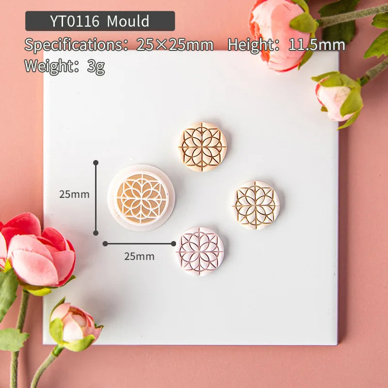 Clay mold with geometric designs on a white card, surrounded by pink flowers on a pink background.