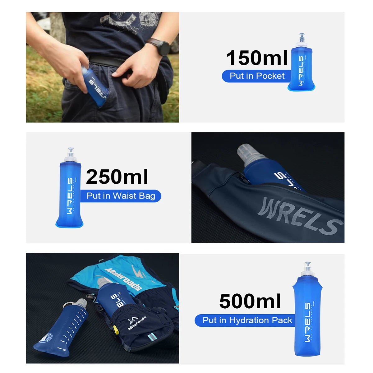 WIRELS hydration bottles in various sizes with usage instructions on a white background.