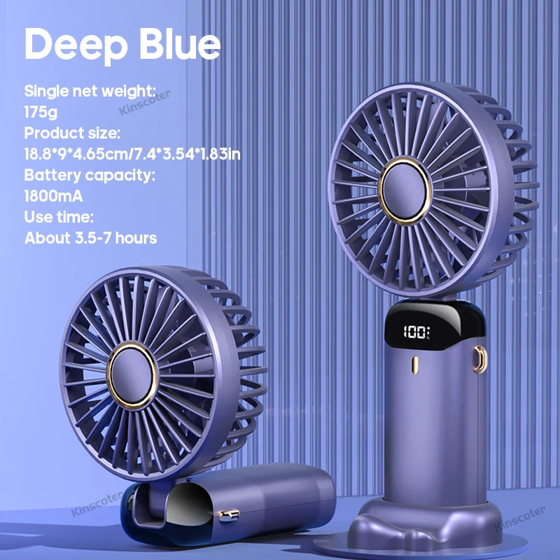 Portable fan with specifications on a blue background