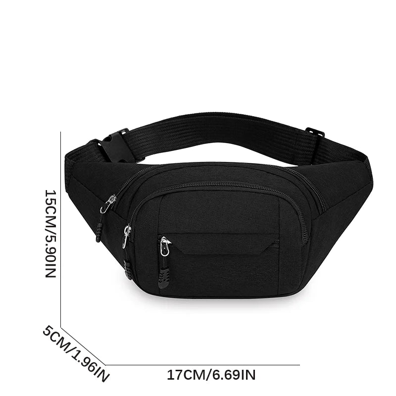 Black waist bag for hajj and umrah pilgrimage with measurements on a white background