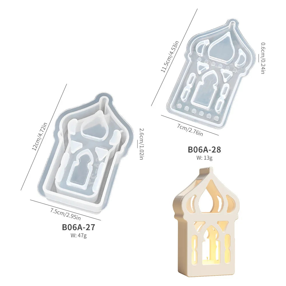 Decorative metal cutters with architectural designs and measurements on a white background