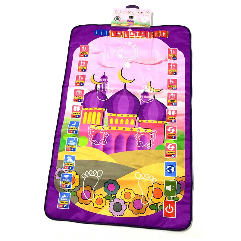 Purple Colorful Islamic children's interactive play prayer mat with a castle design on a white background