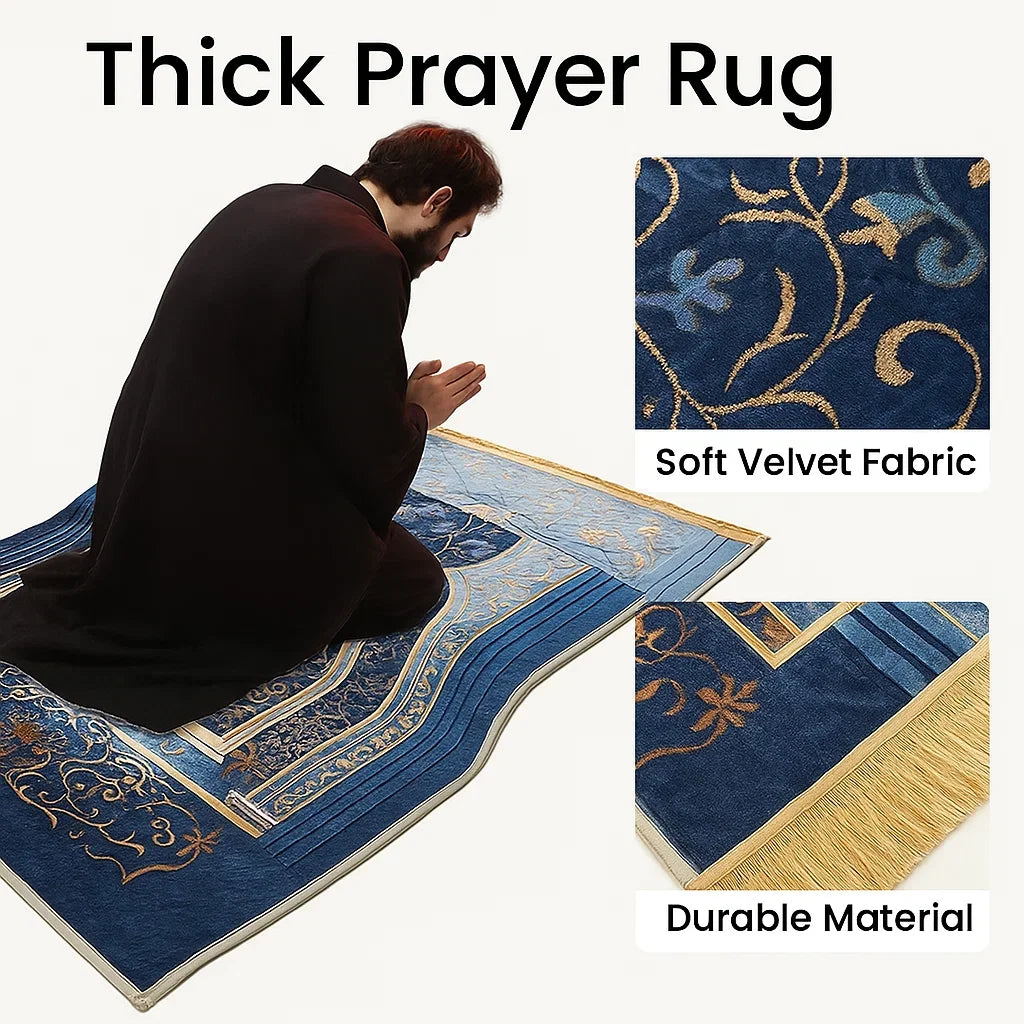 Blue prayer rug with floral patterns, soft velvet fabric, and durable material text.