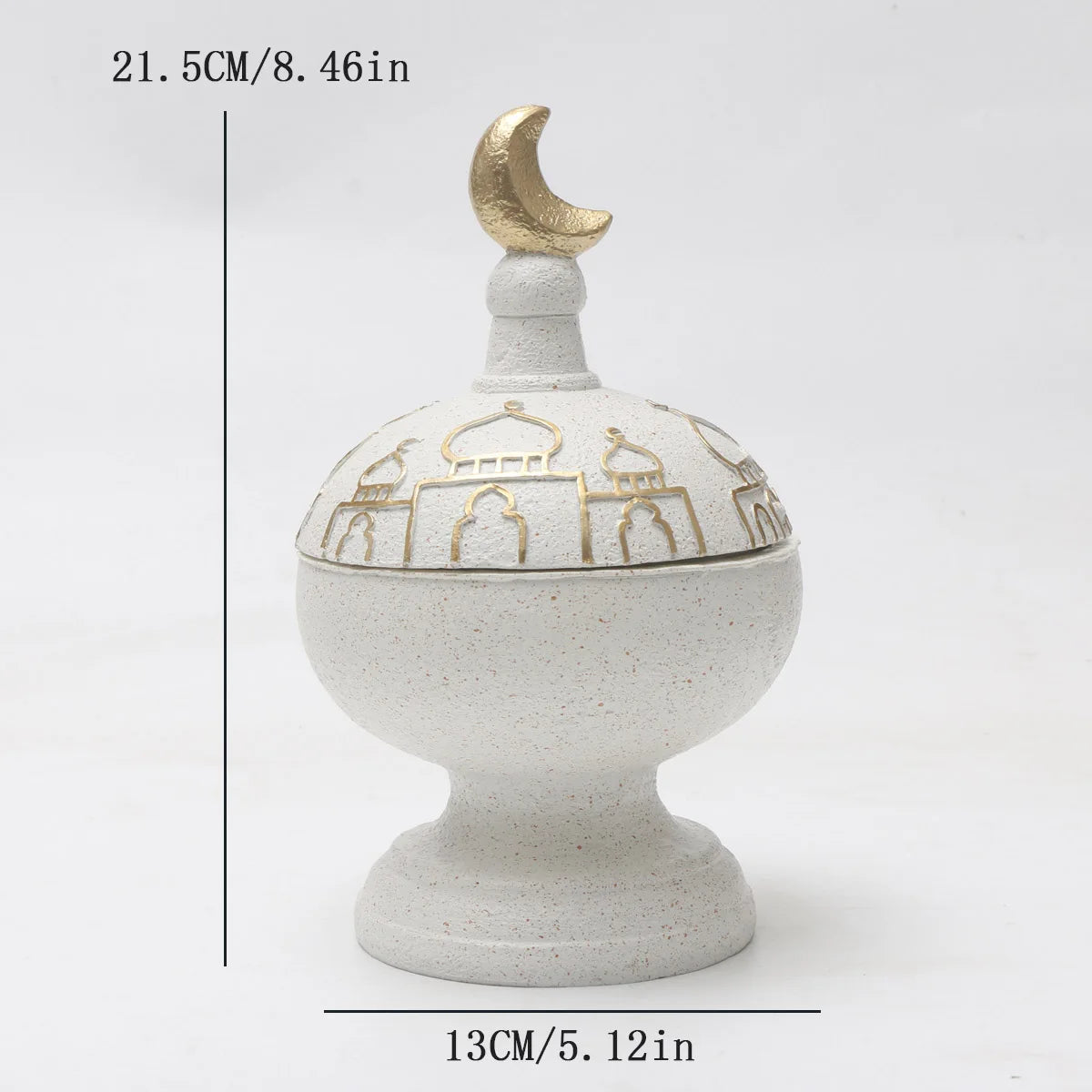 Decorative ceramic pot with gold accents and measurements on a white background