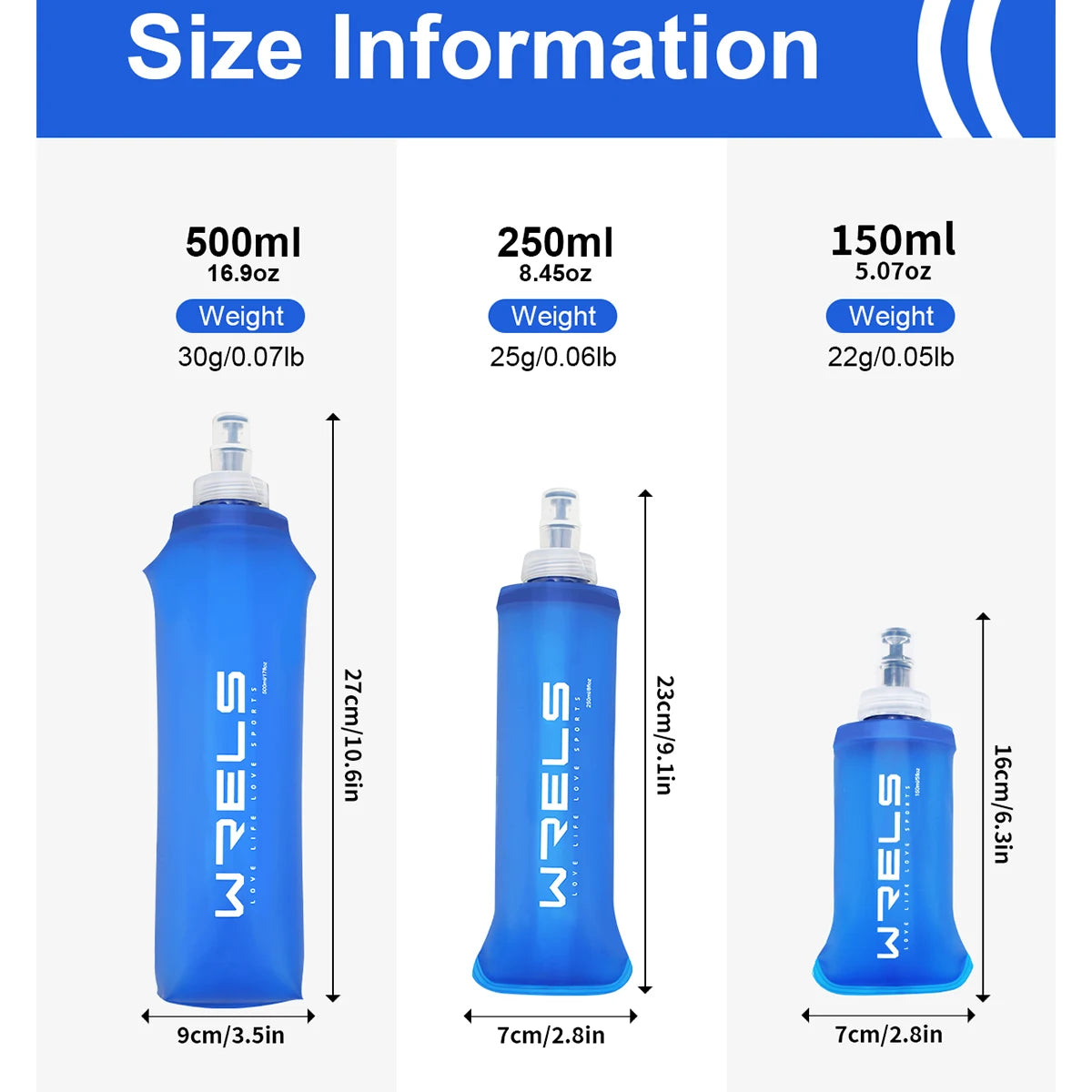 Size information chart for WELS soft bottles with capacities, weights, and dimensions.