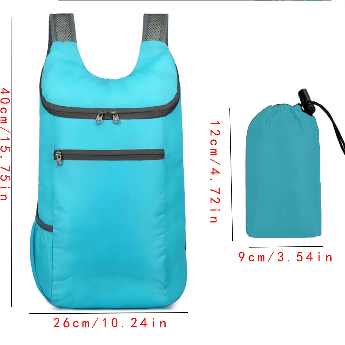 Blue backpack with its compact size shown, including measurements. for hajj and umrah pilgrimage