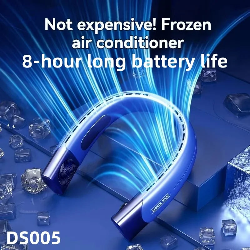 Blue handheld air conditioner with ice cubes and text highlighting battery life on a blue background