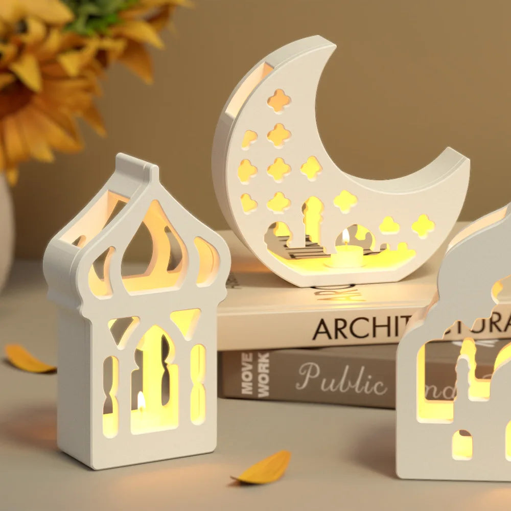 Decorative moon, house, and star-shaped lamps on books with a warm glow. Ramadan and Eid Decoration 