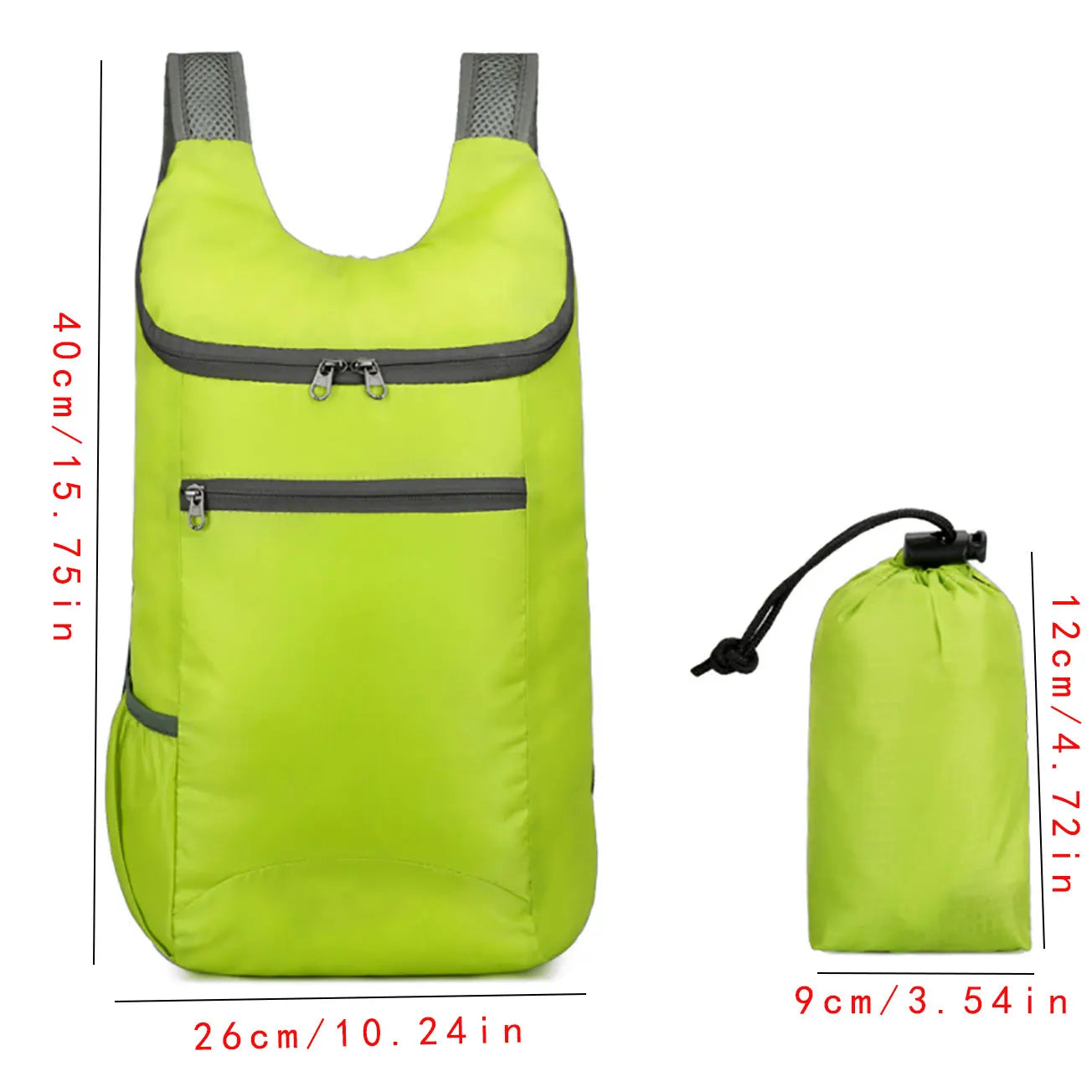Green backpack with its compact size shown on a white background for hajj and umrah pilgrimage
