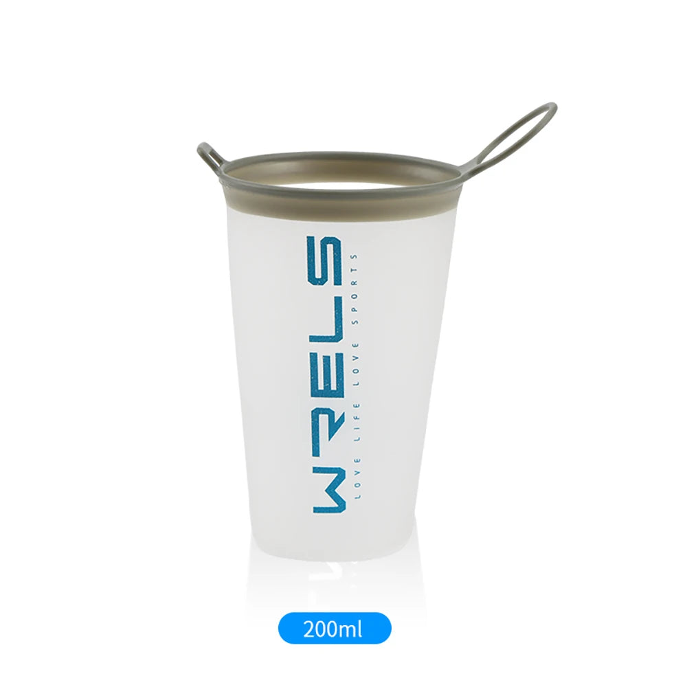 Clear portable water cup with 'WELS' branding on a white background for hajj an umrah