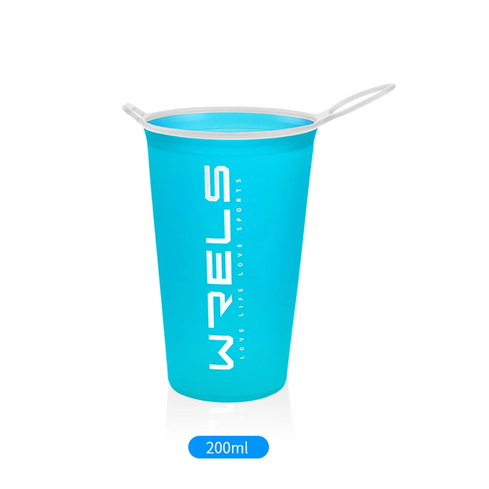 Blue reusable cup with white text on a white background