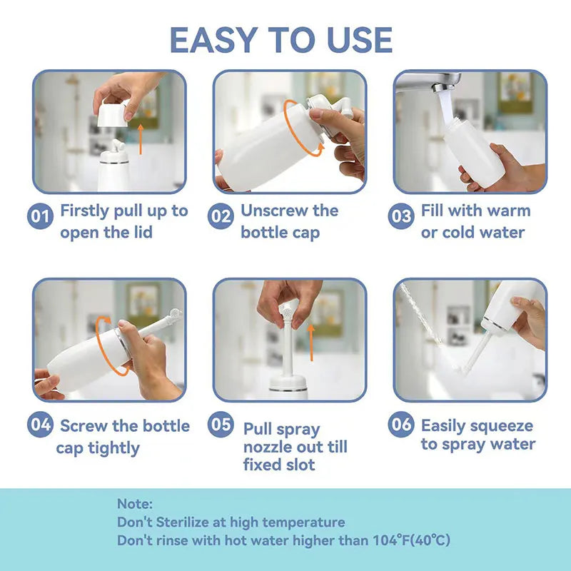 Step-by-step guide on how to use a bottle with spray nozzle, showing each action in a series of images.