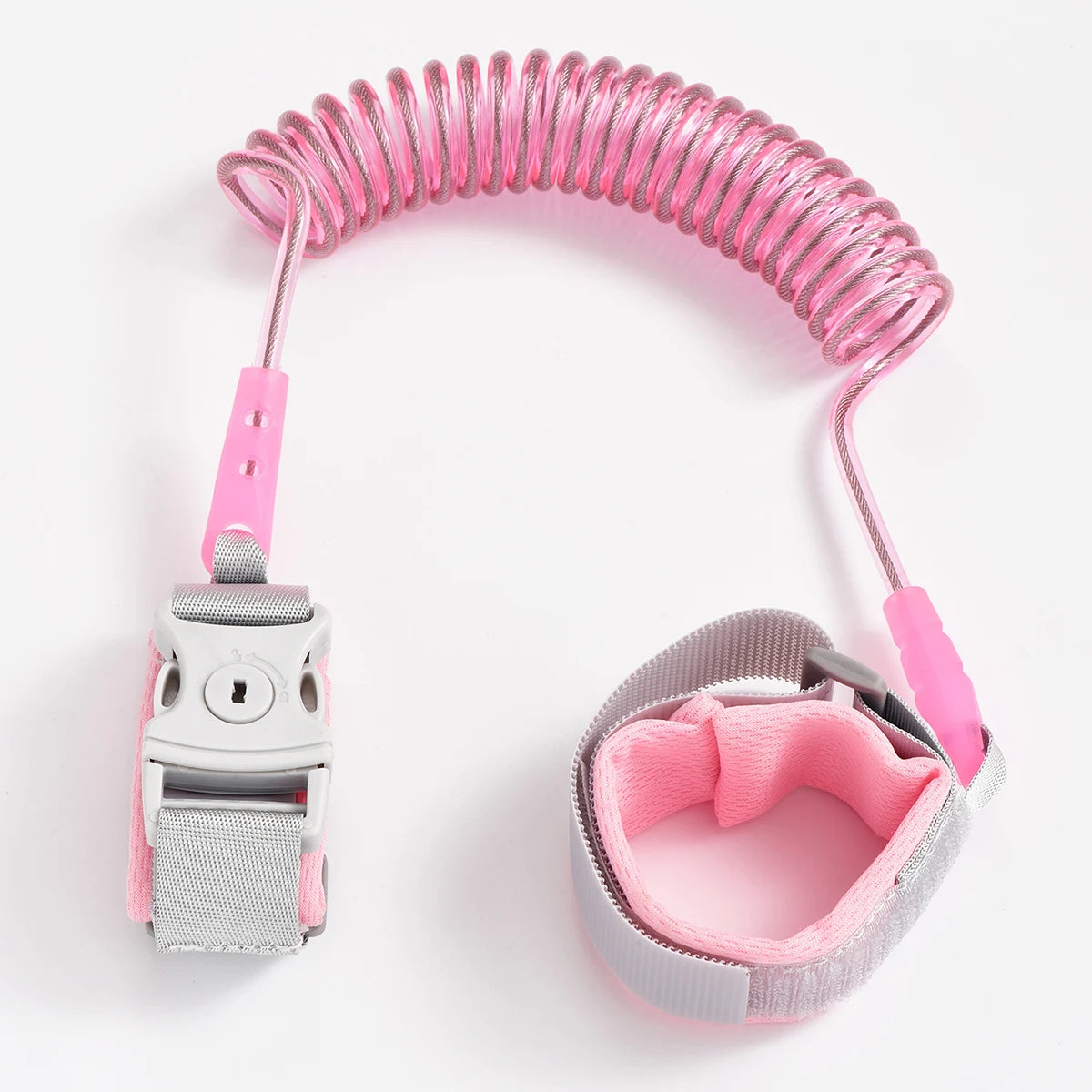Pink and gray safety wrist leash on a white background