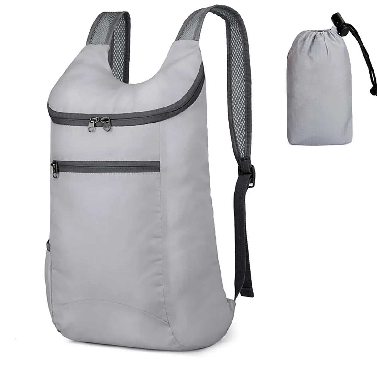 Gray backpack with black straps and a smaller gray drawstring bag on a white background for hajj and umrah pilgrimage
