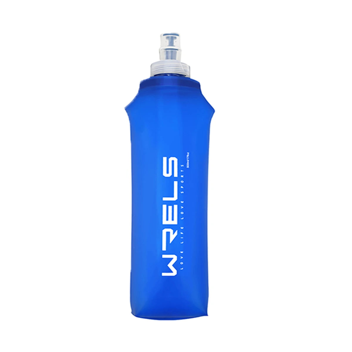 Blue flexible water bottle with white text on a white background