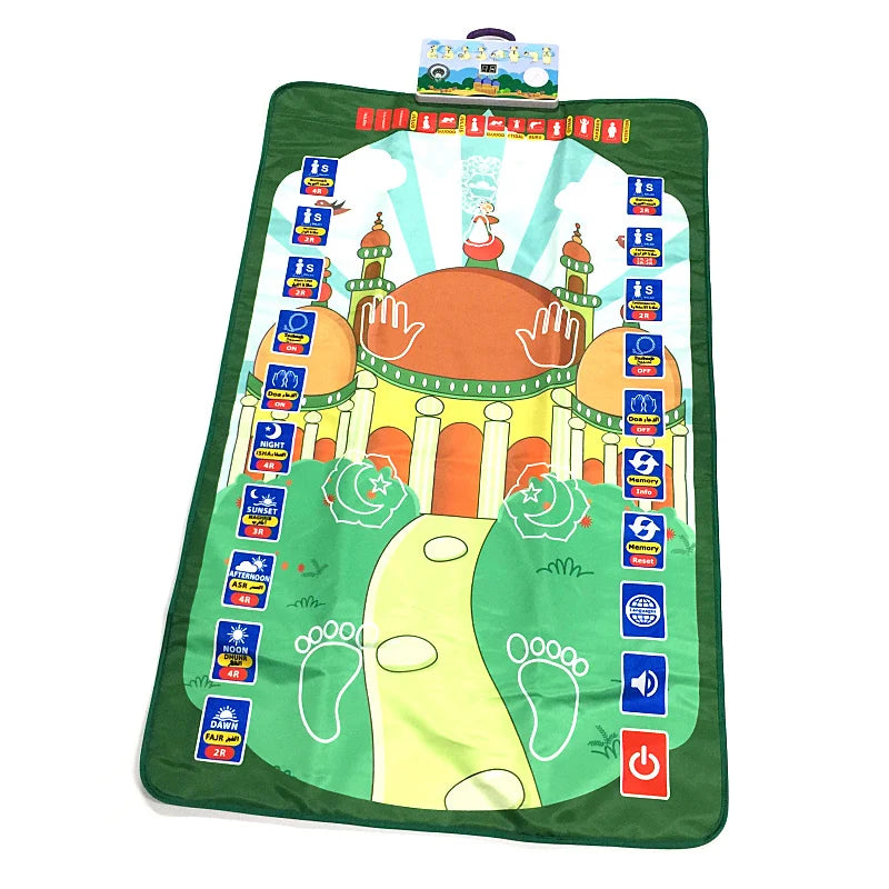 Green Decorative Islamic Educational  Interactive prayer mat for kids with architectural design and footprints on a white background