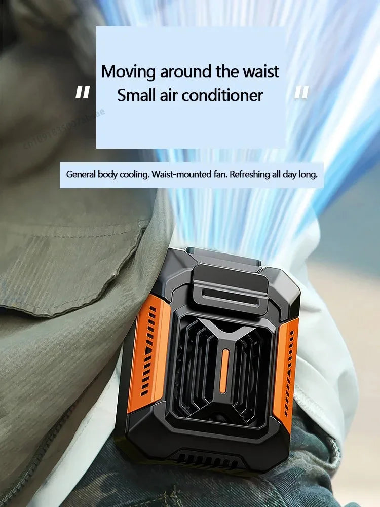 Waist-mounted air conditioner with text on a blurred background