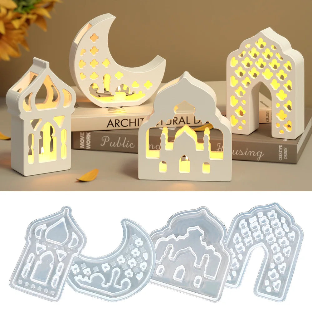 Decorative Islamic lighting fixtures shaped like a crescent moon and arches, with a set of metal cutting dies below.