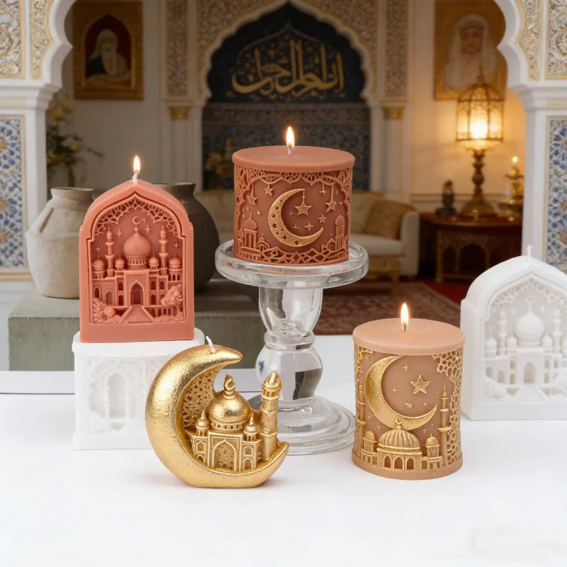 Decorative Islamic candles DIY set with architectural designs of Moon, stars and mosque in decorated room