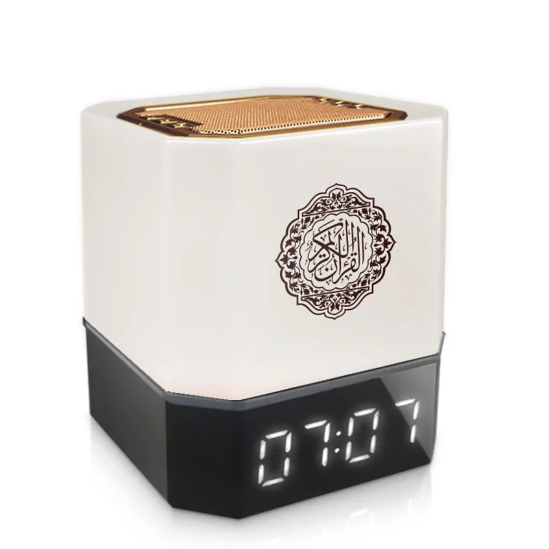 White and black digital clock with Arabic calligraphy design on a white background