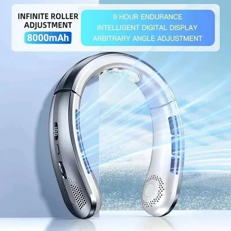 Portable cooling neck band device with features listed on a light blue background