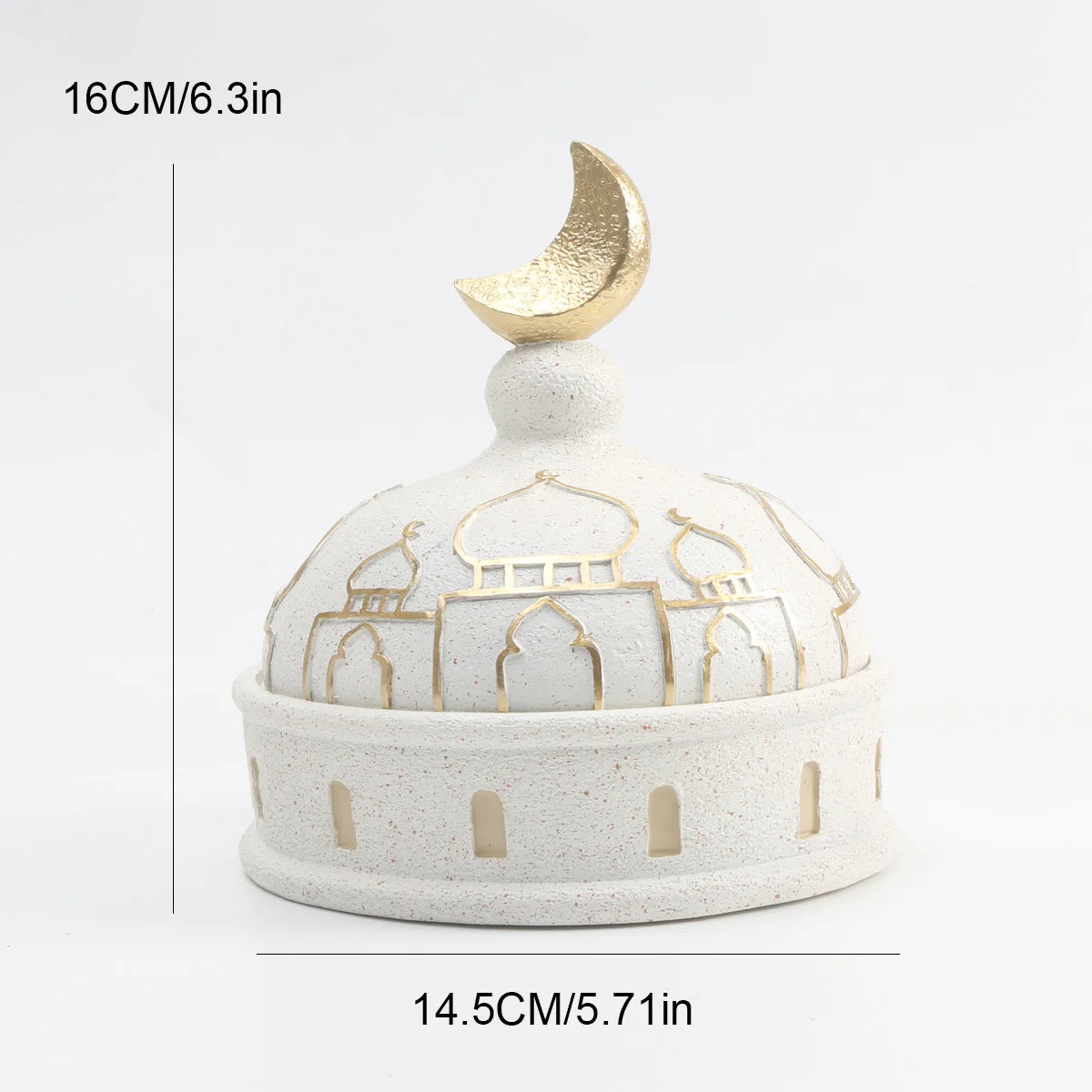 Decorative item with a gold crescent moon on top, featuring architectural designs, on a light gray background.