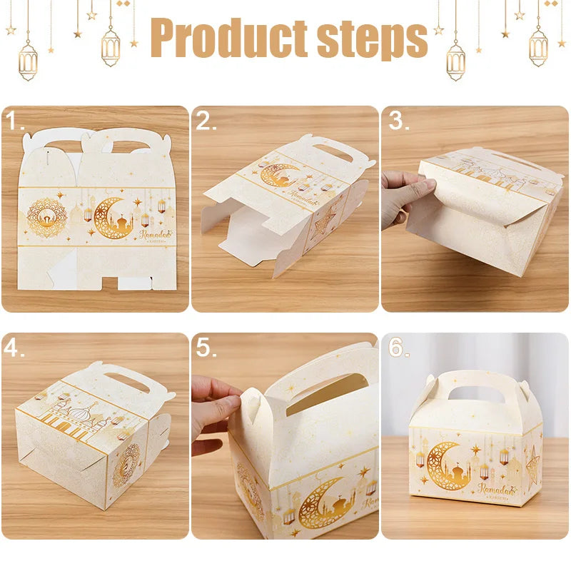 Step-by-step guide on how to assemble a decorative box with gold designs on a wooden surface.