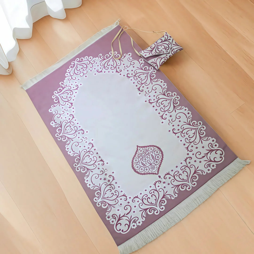 Portable Decorative Islamic purple and white patterned prayer rug on a wooden floor for hajj and umrah pilgrims travel