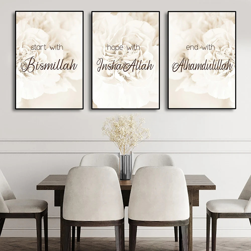 Three framed prints with floral designs and Arabic text above a dining table.