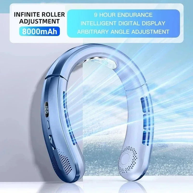 Blue portable cooling neck band device with text highlighting features on a white background