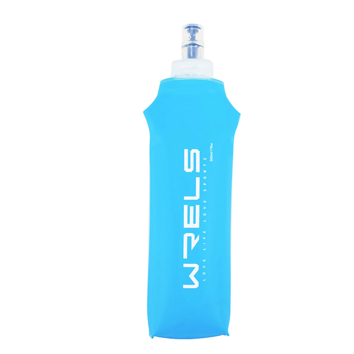 Blue flexible water bottle with white text on a white background